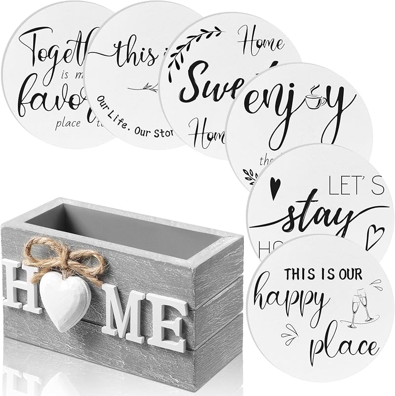 Queekay Coasters Set of 6 with Holder White Gray 4 inch Wood Farmhouse