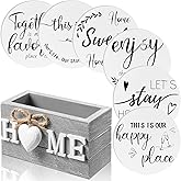 Queekay Coasters Set of 6 House Warming Gifts New Home Wooden Farmhouse Drink Coasters with Holder 4'' Funny Decoration for Kitchen Family Coffee Bar Tabletop Protection(White,Gray)
