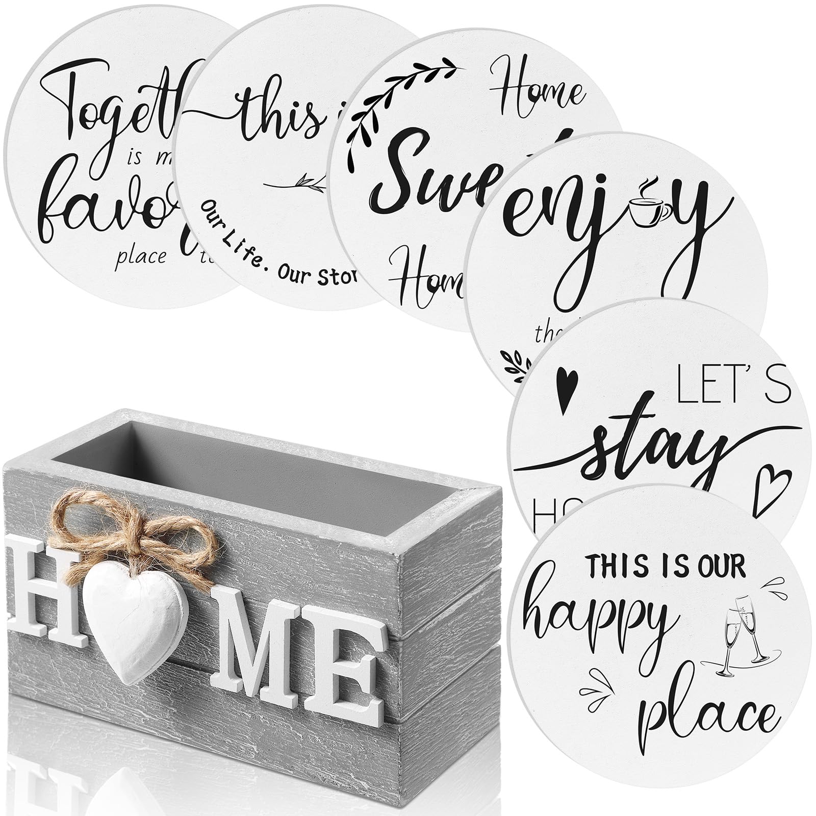 Queekay Coasters Set of 6 House Warming Gifts New Home Wooden Farmhouse Drink Coasters with Holder 4'' Funny Decoration for Kitchen Family Coffee Bar Tabletop Protection(White,Gray)