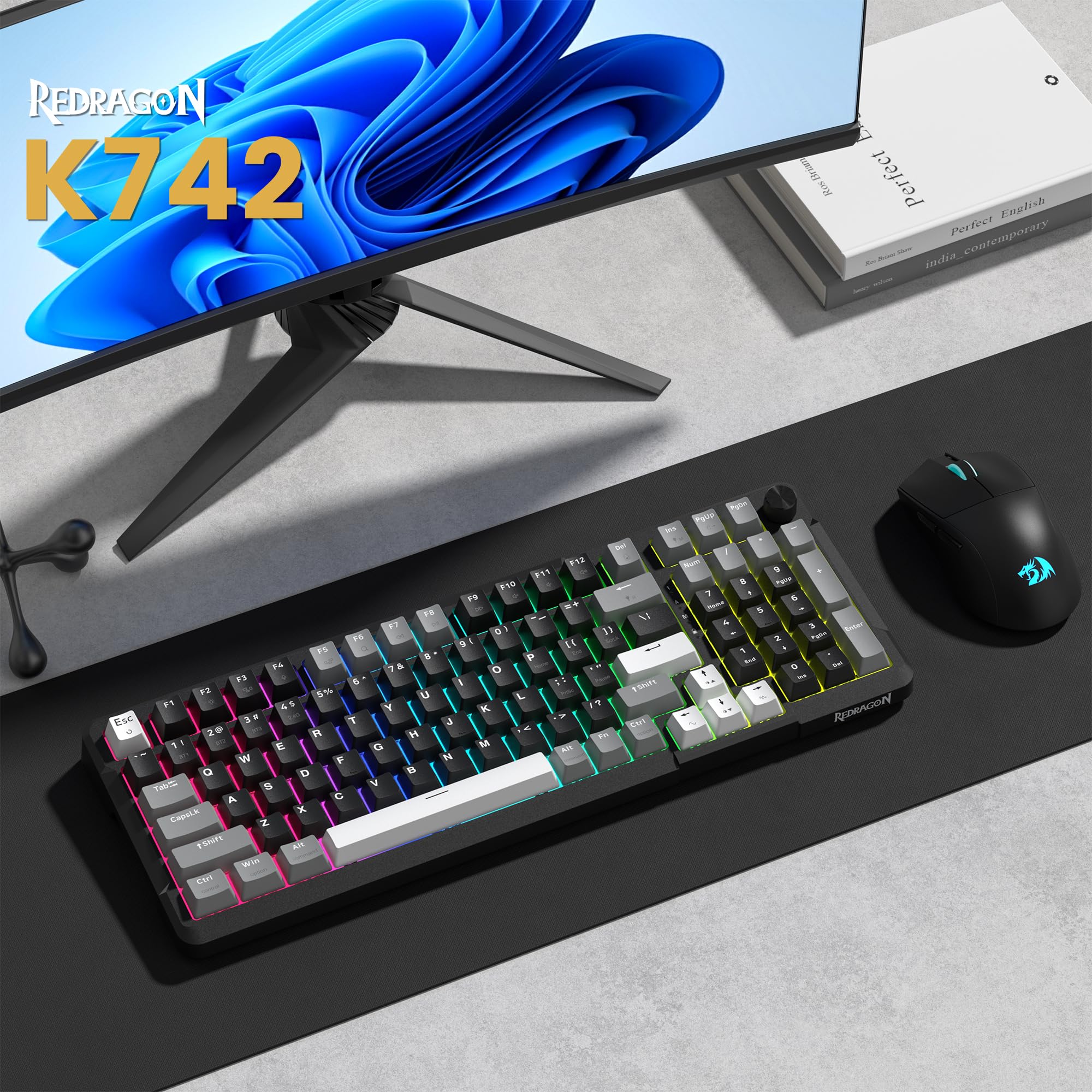 Redragon K742 Wireless Mechanical Gaming Keyboard with Knob, Bluetooth 5.0/2.4GHz/USB C Wired Creamy Keyboard with Number Pad for PC Computer, Hot Swappable RGB Backlits, Custom Linear Switch, Black