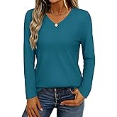 YUCOLEN Womens Long Sleeve Shirts V Neck Cotton T-Shirt Tops Solid Color Casual Breathable Basic Tee Tshirt