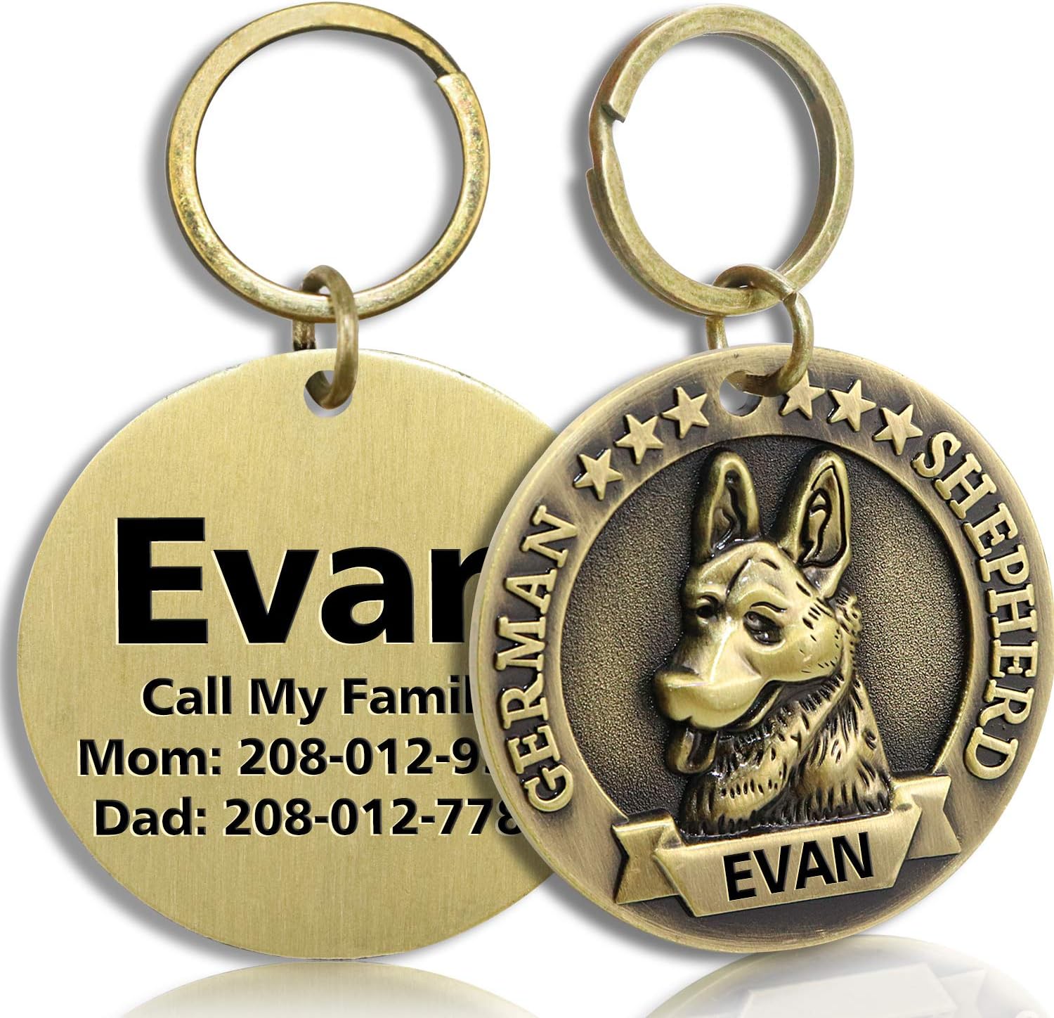 FunTags Bronze Breeds Customized Dog Head 3D Effect Dog ID Tag,High-Relief Copper Dog Tag,Personalized Stainless Steel Front&Back Laser Engraving Dog Name Tag