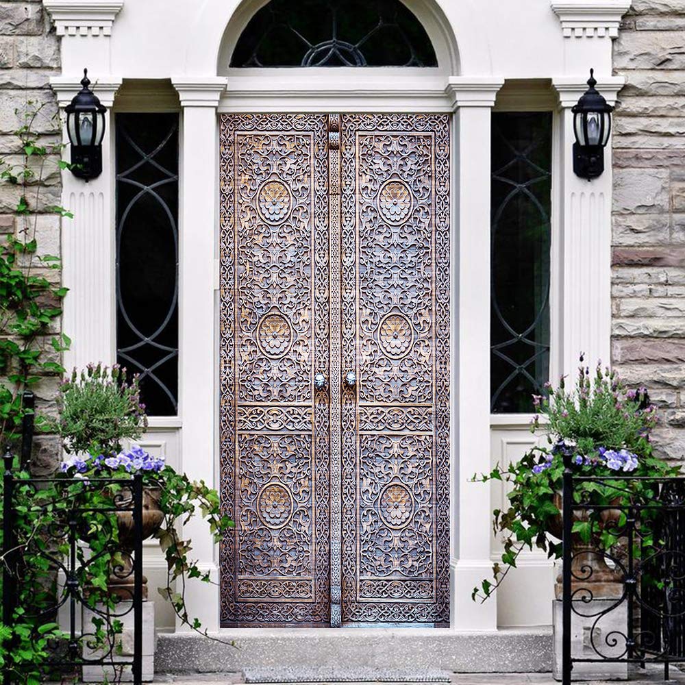 Alwayspon Modern Art Brushed Silver 3D Door Sticker, Peel and Stick Removable Vinyl Door Decals for Home Decor, 32.3x78.7(82x200cm), 2 Pcs Set