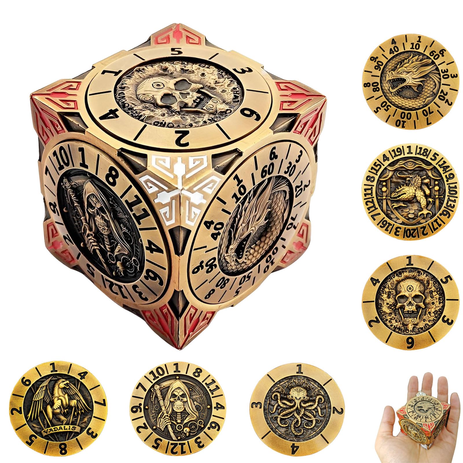 Photo 1 of 2025 New DND Spinner Dice, 7-in-1 Metal Dice Set with 3D Relief for Dungeons and Dragons Gifts, Polyhedral Roleplaying Game Dice, Fantasy D&D Tabletop RPG Accessories for DM & Player (Ancient Gold)