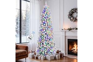 SHareconn 7ft Pencil Christmas Tree, Snow Flocked Artificial Hinged Xmas Tree with Warm White & Multi-Color Lights and Remote