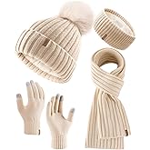 FURTALK Winter Hat Gloves Scarf Headband Set for Women Fleece Knit Pom Pom Beanie