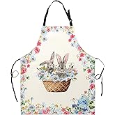 Kwlegh Easter Bunny Baking Apron with Pockets Floral Flower Basket Kitchen Apron Spring Summer Holiday Apron Waterproof Adjustable Chef Apron for Women Men Cooking