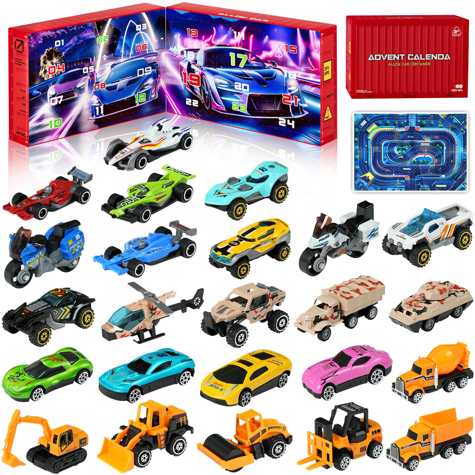 Advent Calendar 2025 Car Red Car Alloy Set for Kids Christmas Gifts for Boys and Girls Stocking Stuffer Countdown Calendar
