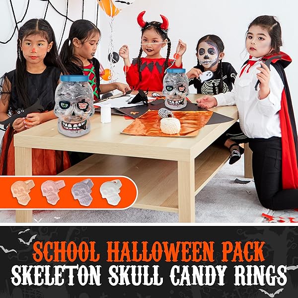 30 PACK HALLOWEEN RING CANDY – INDIVIDUALLY WRAPPED HOLIDAY THEMED SKULL CANDYS PACKED IN A SKULL JAR – TRICK OR TREAT STRAWBERRY AND TUTTI FRUTTI DELICIOUS CANDYS – BULK HALLOWEEN SUCKERS GREAT USE, FOR KIDS, TRICK OR TREAT, PARTY FAVOR, CLASSROOMS, GOODIE BAGS