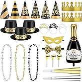 VioraWhite New Years Eve Party Supplies 2026 Glitter New Years Photo Booth Props Gold Black Party Supplies Large Headband Hats Horns New-Years Accessories