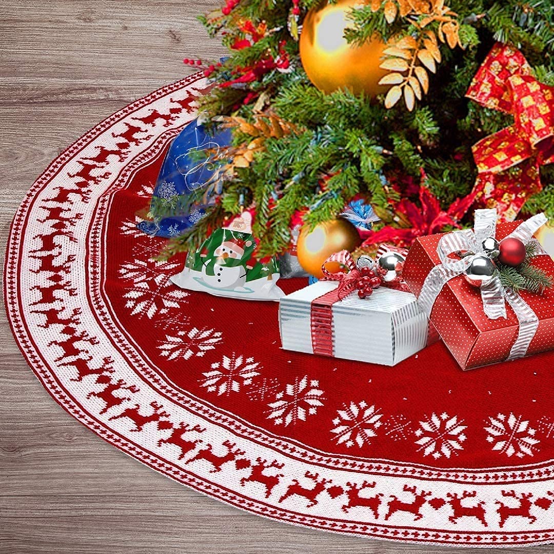 48 Inches Christmas Tree Skirt Red,Cable Knitted Thick Rustic Tree Skirts with Snow Flower & Elk Large Tree Skirt Mat For Xmas Home Party Holiday Decorations Ornaments