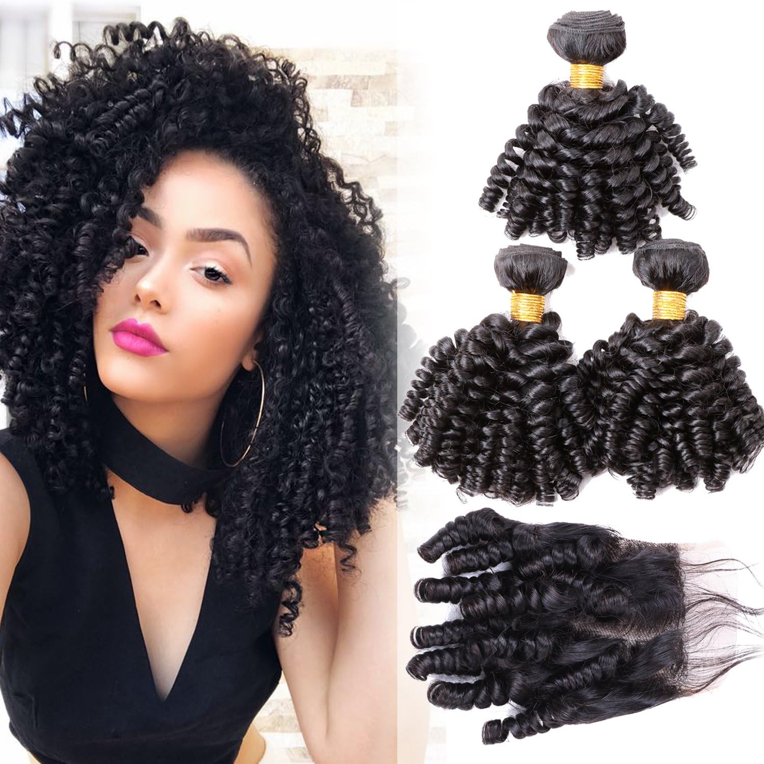 Funmi Curly Human Hair 3 Bundles With 4x4Closure Unprocessed Virgin Hair Bouncy Curls Bundle Brazilian Human Hair Weave Natural Black 350Gram/lot(16 18 20, Funmi with Closure)