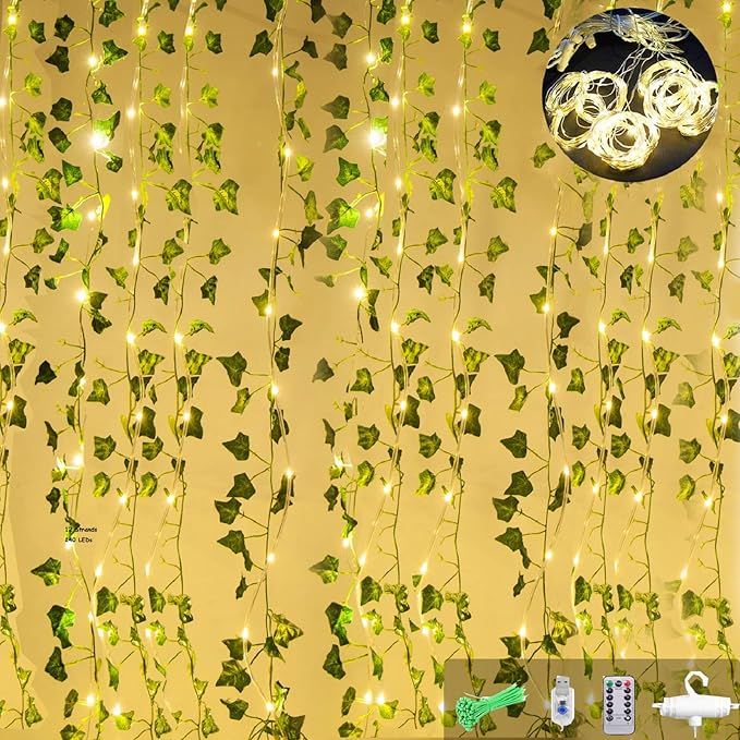ANGMLN 12 Pack 90Ft Artificial Ivy Garland with 12 Strands 240 LEDs
