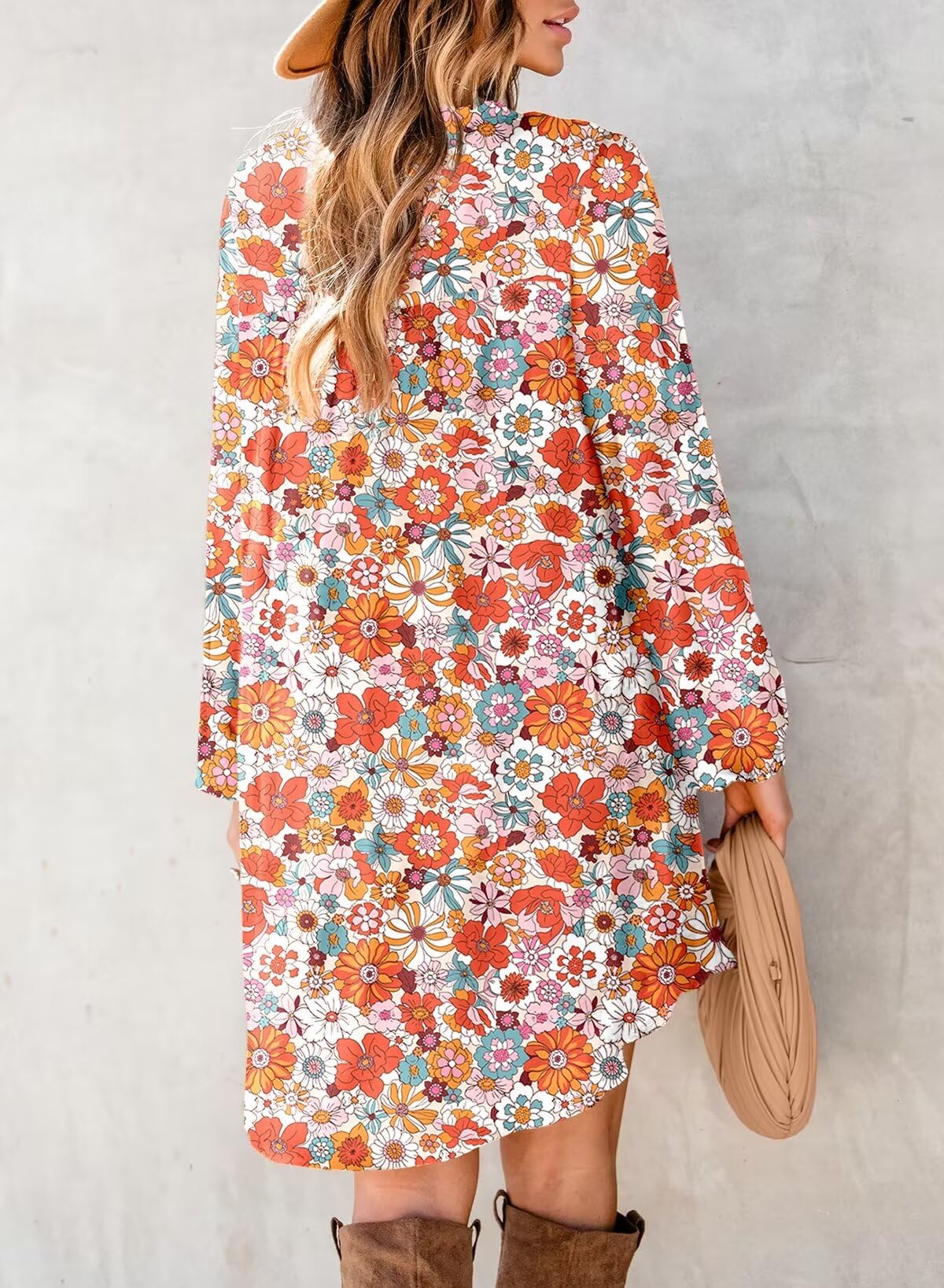 Dokotoo Women's V Neck Embroidered Lace Trim Flowy Dress Long Peasant Sleeve Floral Print A Line Mini Dress Summer Dresses for Women Orange Medium - Image 2