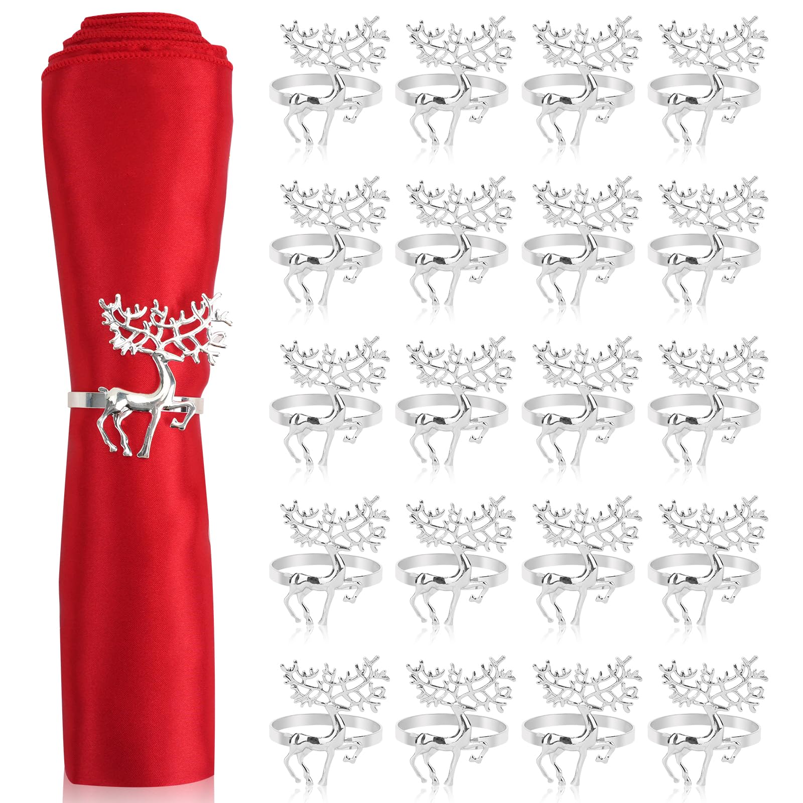 RETON 20 PCS Christmas Napkin Rings Set, Elk Napkin Rings for Christmas for Wedding, Table Decoration, Xmas Events Wedding Party Thanksgiving Party Dinner (Silver, 5.5cm)