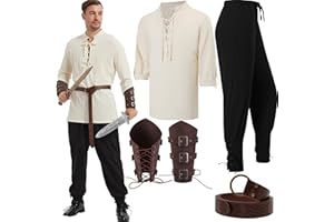 YUANTU 5 pcs Halloween Men's Renaissance Costume Set Viking Costume Medieval Pirate Shirt Ankle Banded Pants Belt Accessories