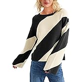 Tanming Womens Wide Striped Sweater Oversized Color Block Crew Neck Loose Sleeves Fall Knit Pullover Tops