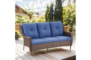Bellefurn Patio Wicker Sofa 3-Seat Rattan Couch Brown Rattan Sofa with Chrysanthemum Armest & Water Resistant Cushions for Garden Balcony Backyard Poolside, Blue Cushions (1PC)