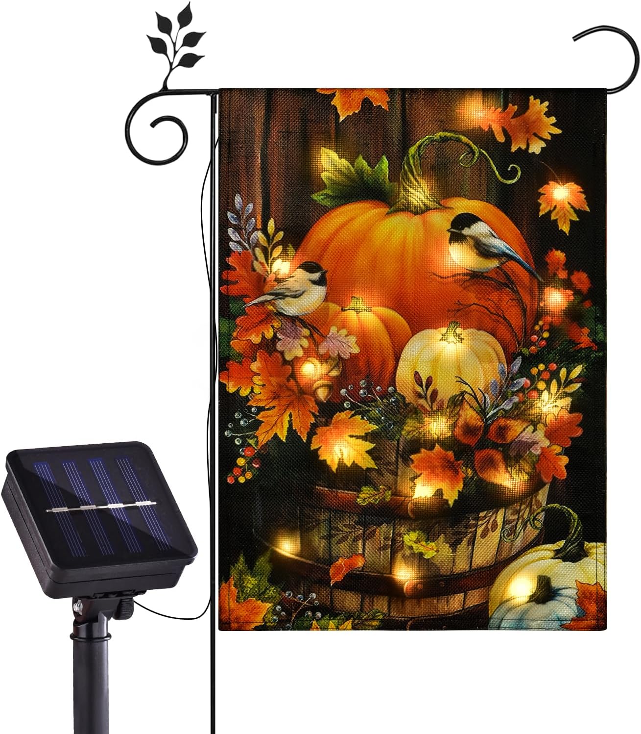 Flags - Halloween Lighted Garden Flag, 8 Modes Led Pumpkin Flag, Solar Thanksgiving Outdoor decor Yard Flag, Fall Garden Flags 12x18 Double Sided Maple Leaf Bird Decorations for Home Outdoor