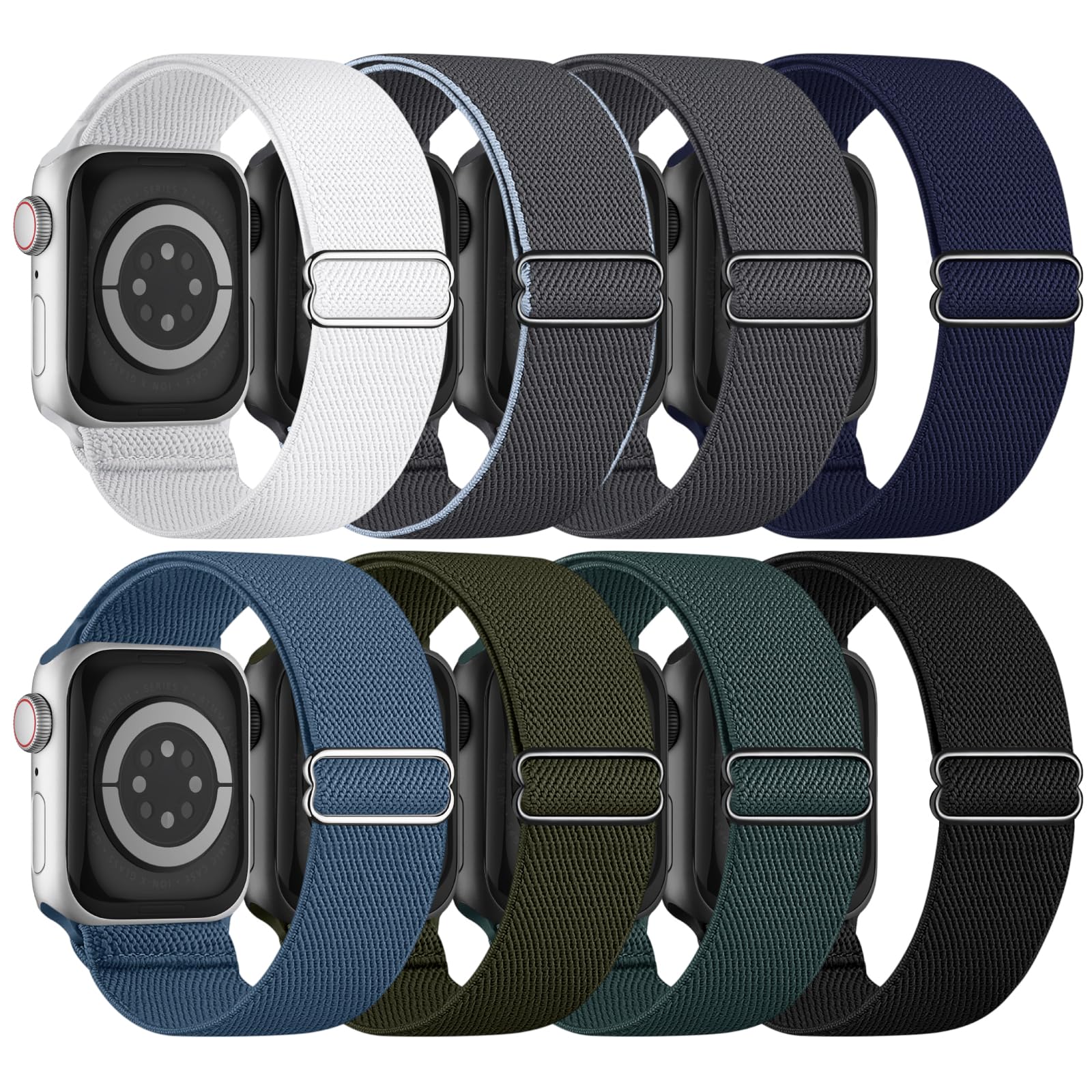 Photo 1 of 8 Pack Stretchy Solo Loop Band Compatible with Apple Watch Bands for Women Men 40mm 38mm 41mm 42mm 44mm 45mm 46mm 49mm, Nylon Braided Strap for iWatch Series 11 10 9 8 7 6 SE 5 4 3 Ultra 3 Ultra 2