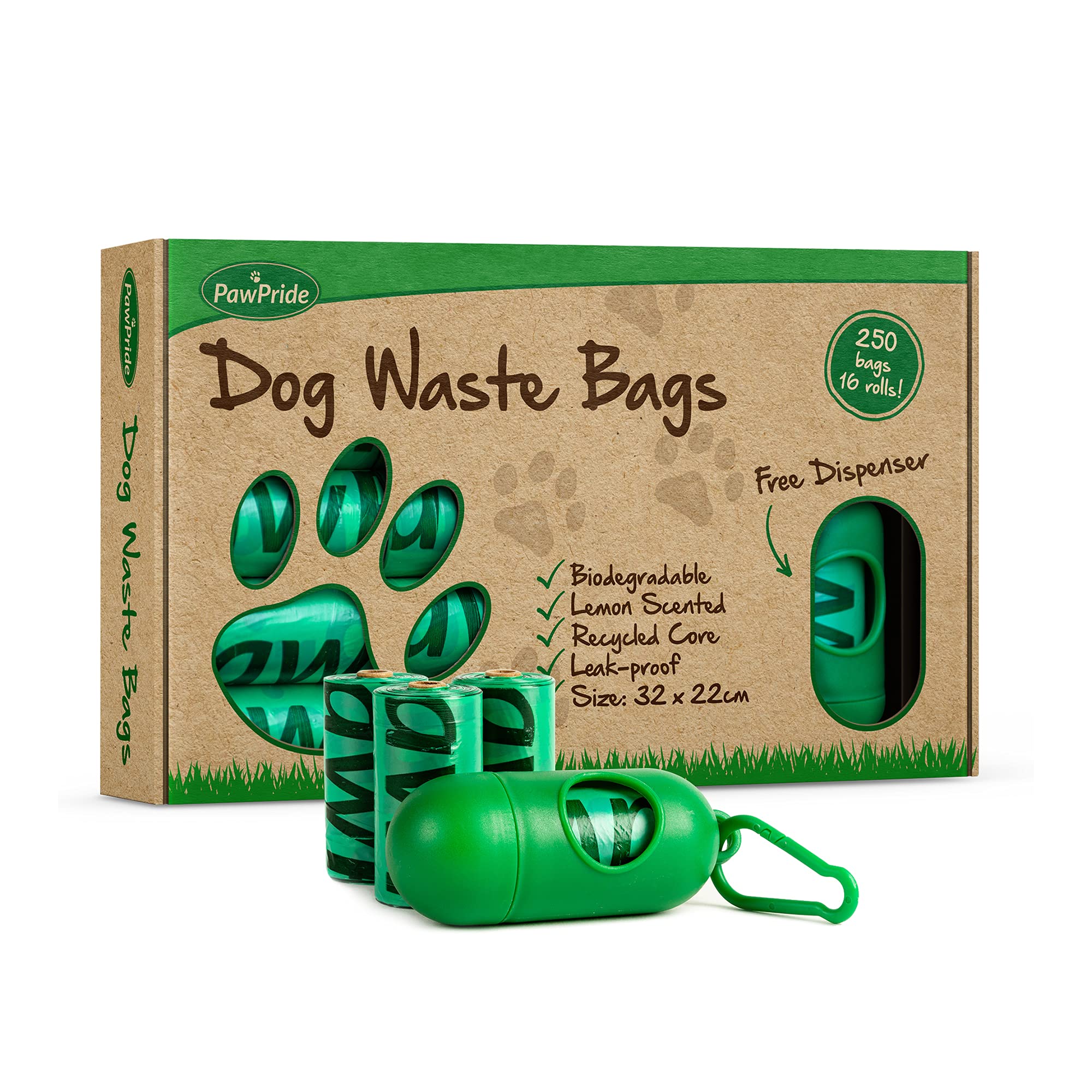 PawPride Dog Poo Bags - Pack of 240 Strong Biodegradable Waste Bags - 16 Rolls of Leak Proof Scented Dog Waste Bags with Clip-on Lead Dispenser (Lemon)
