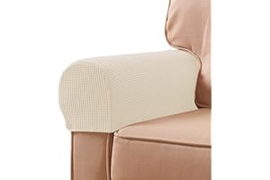 SUBRTEX Stretch Couch Arm Covers Set of 2, Checkered Sofa Arm Slipcovers, Anti-Slip Armrest Covers for Recliner and Armchairs, Pet Proof, High Stretchy, Hook & Loop Tape, Ivory