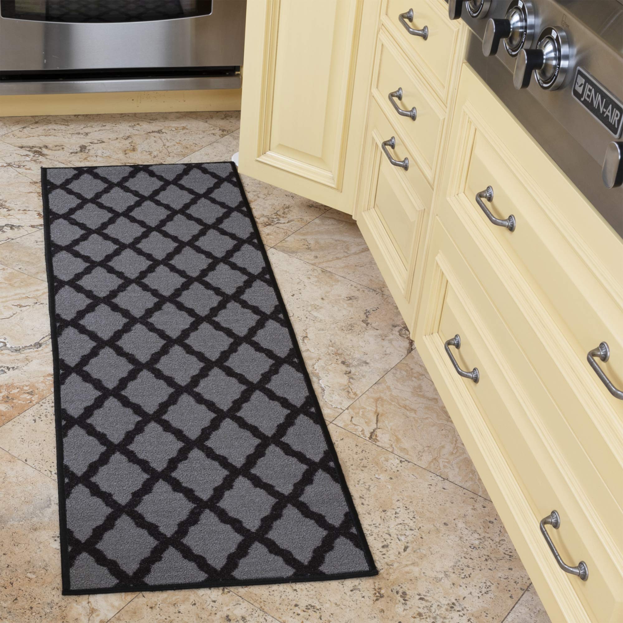 Ottomanson Glamour Collection Contemporary Moroccan Trellis Design Kids Lattice Area Rug (Non-Slip) Kitchen and Bathroom Mat Rug, 20" X 59", Dark Grey