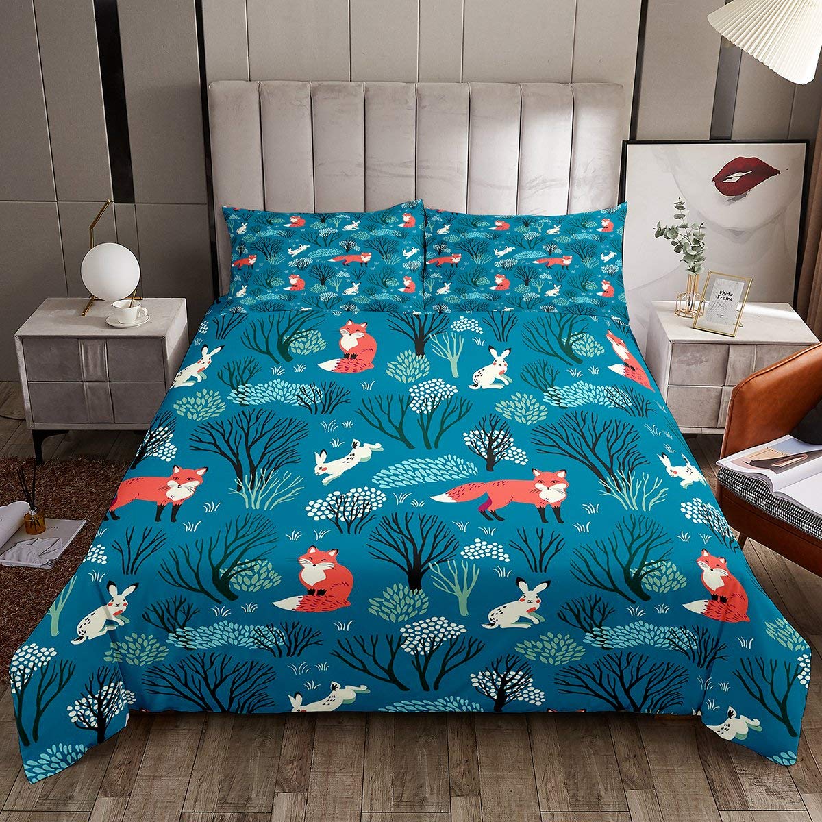 Loussiesd Cartoon Animal Bedding Set Cute Fox Rabbit Duvet Cover For Kids Teens Woodland Fox Comforter Cover Tree Branches Nature Themed Bedspread Cover Bedroom Decor Quilt Cover 3Pcs Double Size