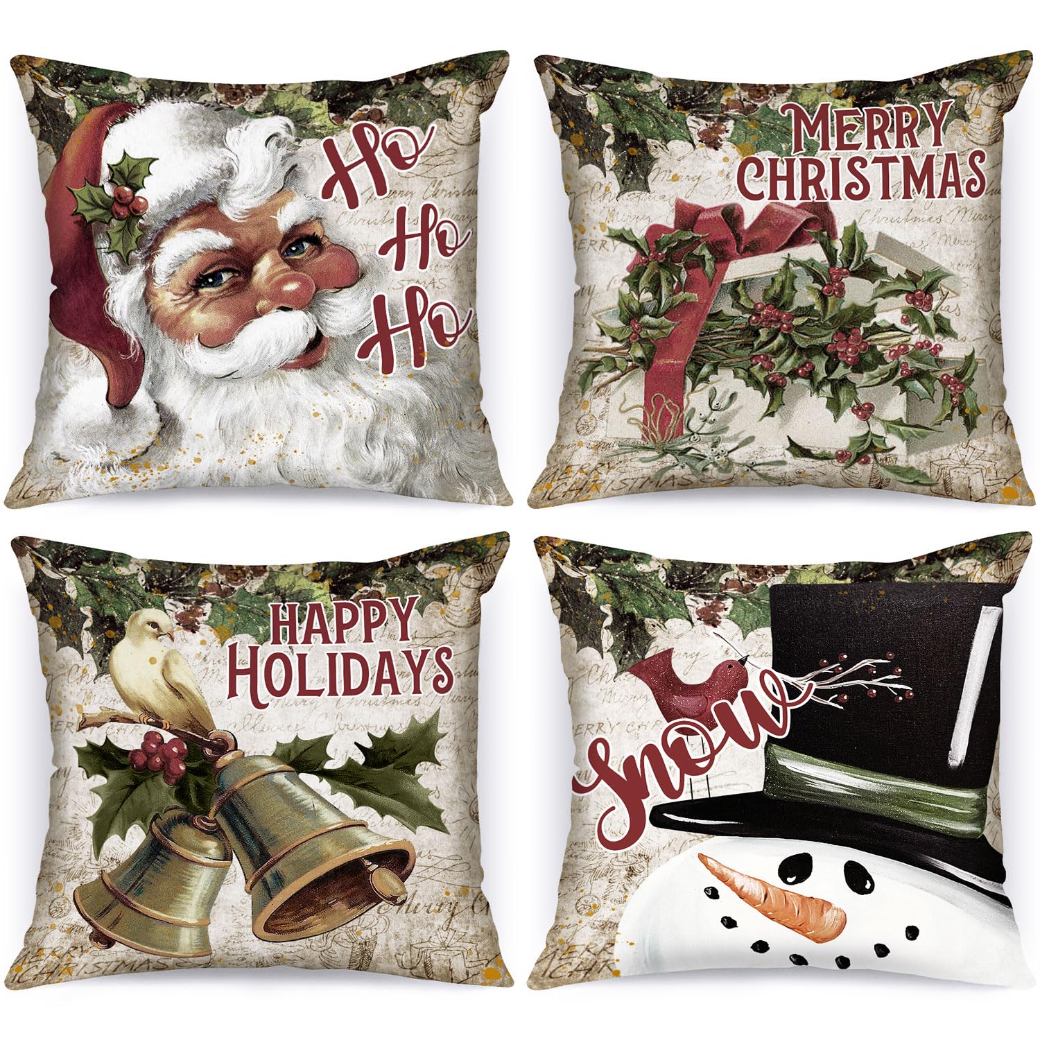 Lanpn Vintage 45x45 Christmas Throw Pillow Covers Set of 4, Retro Santa Claus Snowman Decorative Holiday Pillow Case Cushion Cover 45 x 45 for Indoor Home Bedroom Sofa Couch Xmas Decor