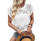 Dokotoo Womens Summer Crochet Tops Cap Sleeve Hollow Out Resort Wear Sweaters Lightweight Beach Vacation Clothes
