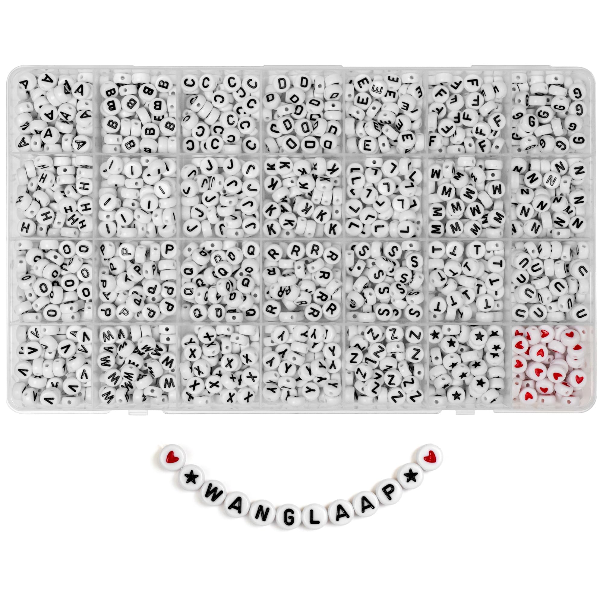 WangLaap 1450Pcs Letter Beads, Acrylic 4x7mm Round Alphabet A-Z and Red Heart Black Star Beads for Bracelets Necklaces DIY Jewelry Making (White)