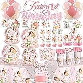 Xynic 213 Pcs Fairy First Birthday Decorations, Fairy Party Plates and Napkins Set Fairy Banner Balloons Cake Cupcake Toppers Table Cloth Fairytale Garden 1st Birthday Decorations Girl
