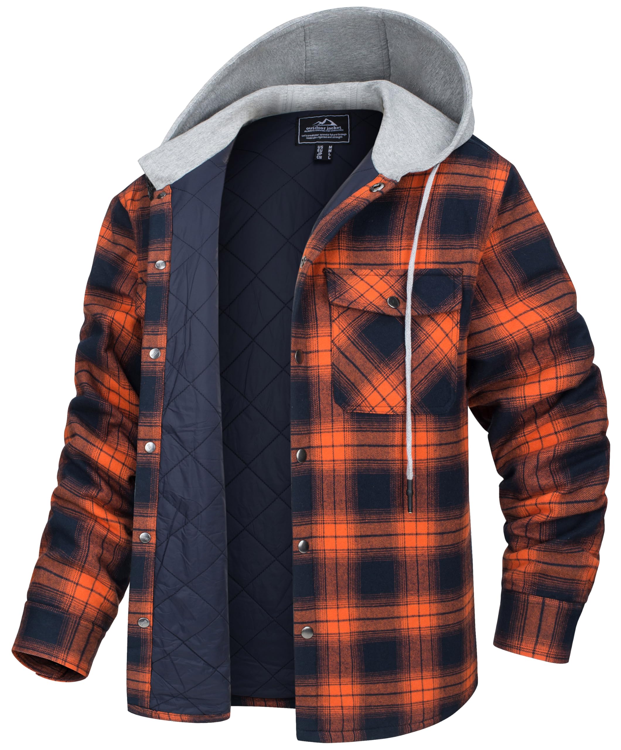 Photo 1 of MAGCOMSEN Orange Flannel Jacket for Men Quilted Lined Hooded Jacket Long Sleeve Plaid Jackets Flannel Coat with Hood,M