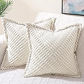 decorUhome Decorative Cream White Throw Pillow Covers 20x20 Set of 2 with Splicing, Boho Soft Corduroy Broadside Twill Spring Pillow Covers for Couch Bed Sofa Living Room