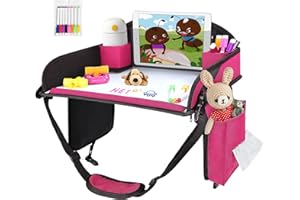 UTOLOVE ‎Kids Travel Tray, Kids Travel Trays for Car Seat, Road Trip Essentials for Toddler, Carseat Lap Tray with Dry Erase Board & Storage Organizer for Road Trip Activities for Kid, Pink
