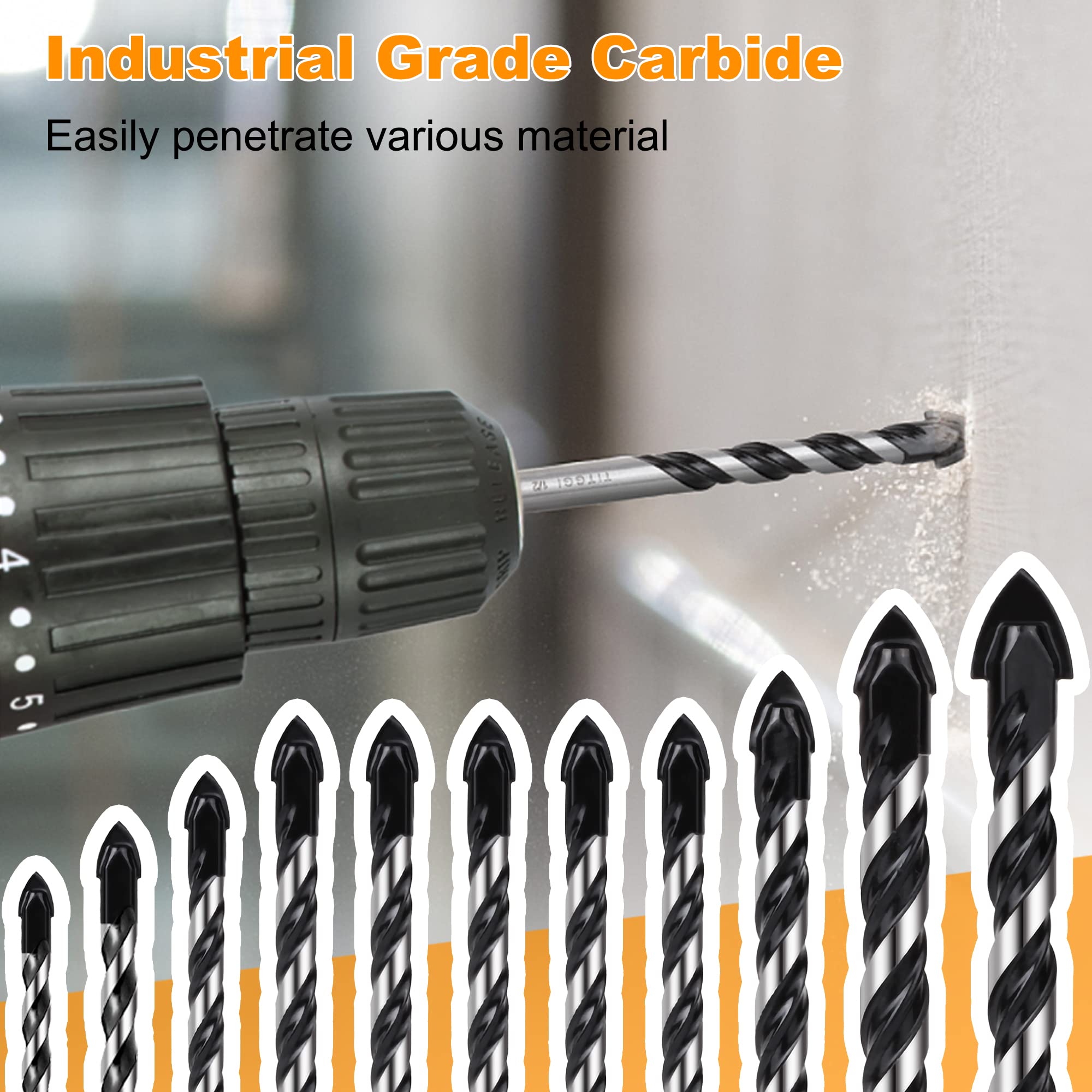 11PCS Masonry Drill Bit Set & Cement Drill Bit, Professional Drill Bit Set for Glass/Brick/Plastic/Cement/Wood/Tile/Etc, Industrial Strength Carbide Drill Bit Tip, 1/8