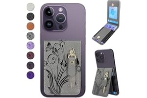 Lacass Card Holder Zipper Kickstand Phone Stick on Wallet for Back of Phone Pouch Adhesive for iPhone/Samsung/Moto/BLU/Nokia and Most Phones(Floral Gray)