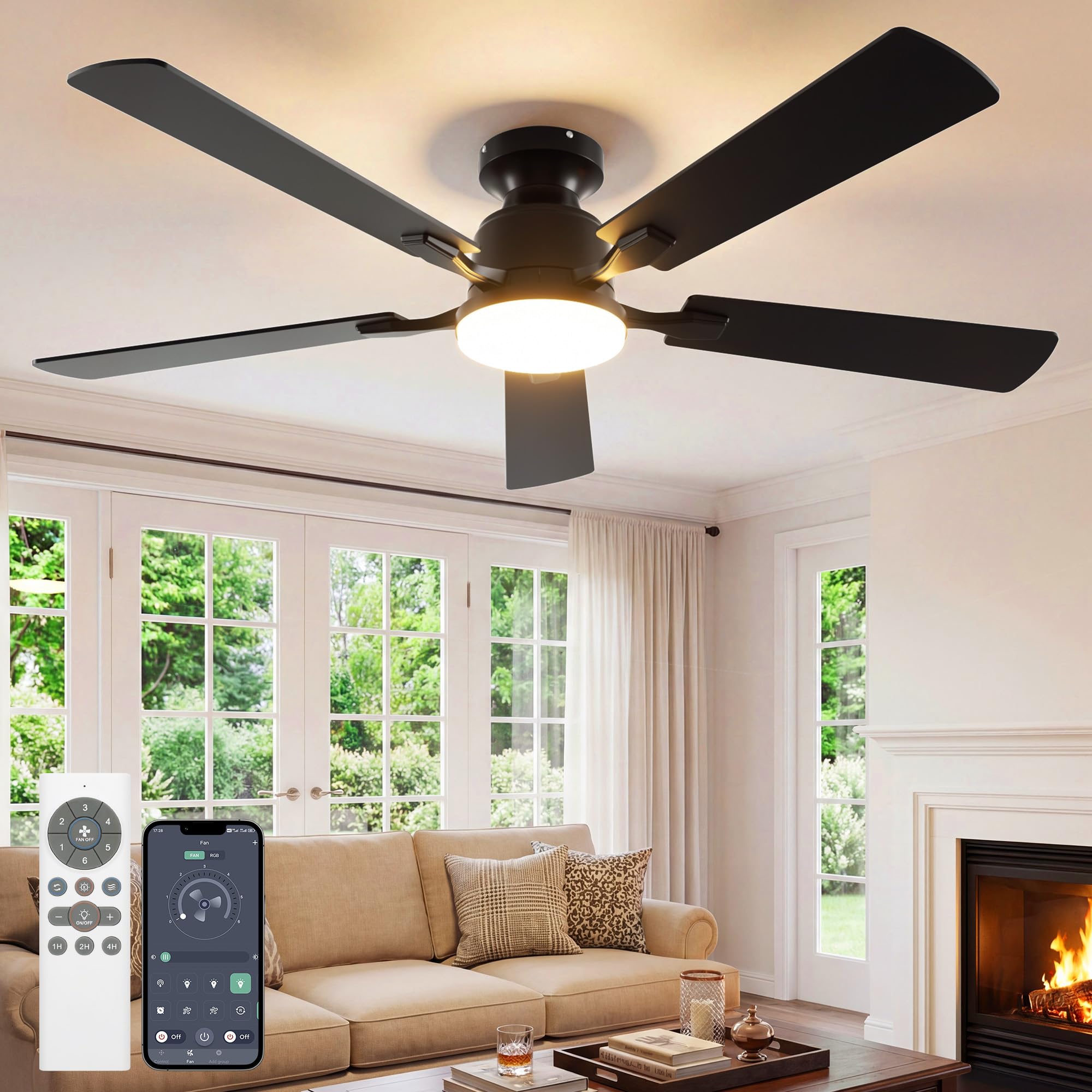 Photo 1 of VOLISUN 52 Inch Ceiling Fan with Lights Flush Mount, Low Profile Ceiling Fans with Lights, Remote&APP Control,Dimmable 22W LED Light,Queit&Reversible Fan, Black Ceilings Fans for Bedroom, Living Room