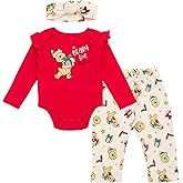 Disney Christmas Baby Girls Bodysuit, Pants and Headband 3 Piece Outfit Set Newborn to Infant Sizes (Newborn - 24 Months)