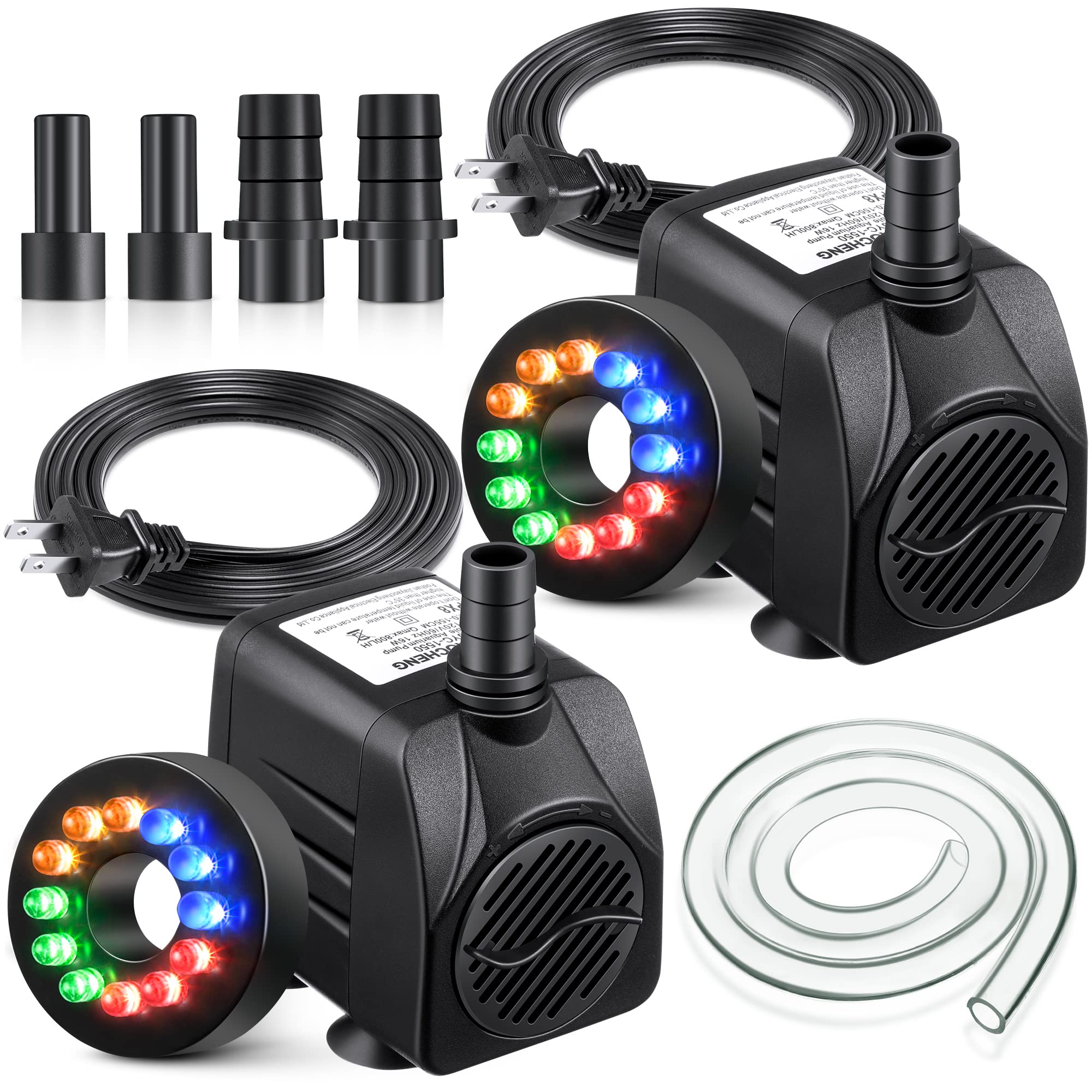 Photo 1 of 2 Pack 15 W 220GPH Submersible Fountain Pump with 12 Color LED Lights, Small Fountain Pump with 4 Spray Nozzles, Ultra Quiet Design for Outdoor Pond, Aquarium, Fish Tank