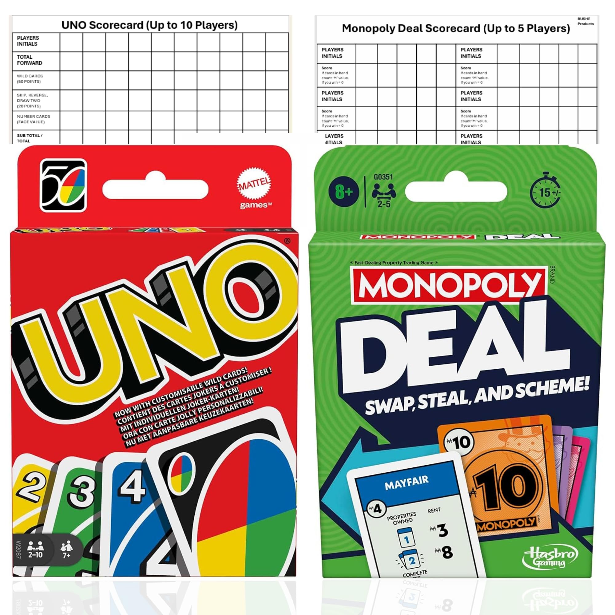 Uno Cards & Monopoly Deal - Card Games Set + Scorecards | Uno Card Game, Monopoly Deal Card Game, Kids Travel Games, Family Game. Mattel and Hasbro