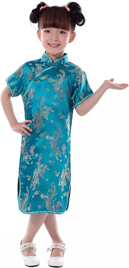 Xuexian Tm チャイナドレス 女の子 半袖 ワンピース 子供用 キッズ 花柄 龍柄 チーパオ 中華風 チャイナ服 ステージ衣装 中華服 ブルー スカート 通販 Amazon