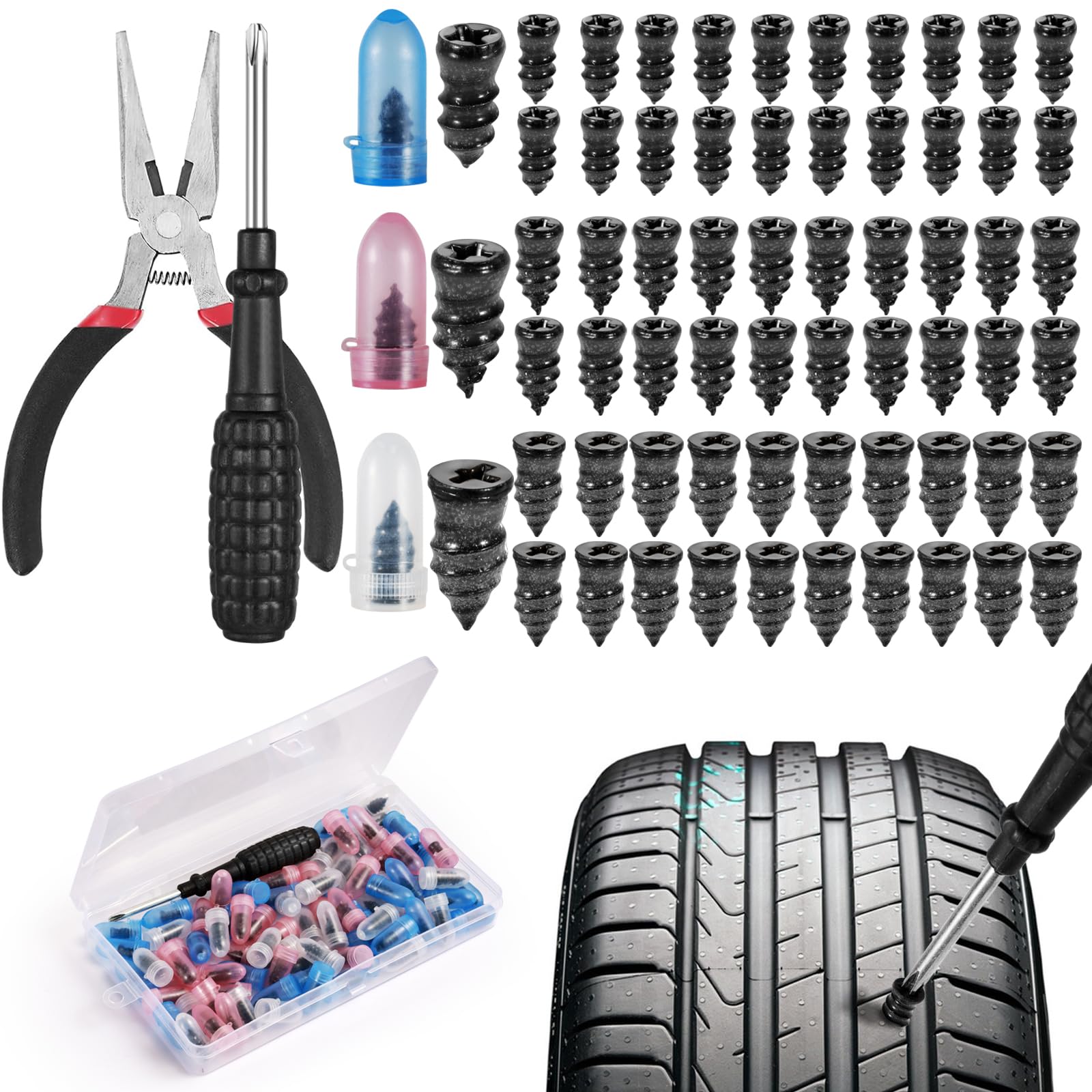 Samulee 62Pcs Tyre Repair Kit Rubber Nails with Screwdriver, Car Puncture Repair Kit,Car Tyre Puncture Repair Kit, Tyre Puncture Repair Kit for Auto Car Motorcycle