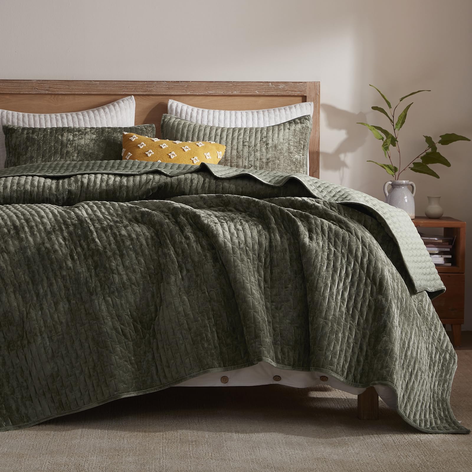 Photo 1 of LEAONME Velvet Quilt California King Size 118''x106'', Lightweight Olive Green Velvet Comforter Set with 2 Matching Shams, Soft Cross Stitch Bedspread Coverlet, Oversized King Quilt Set for All Season