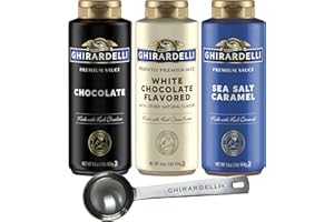 Ghirardelli Sea Salt Caramel, Chocolate and White Chocolate Flavored Sauce, 16 oz Squeeze Bottles (Pack of 3) with Ghirardelli Stamped Barista Spoon