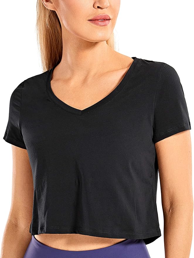 CRZ YOGA Women's Short Sleeve V-Neck Shirts Casual Cropped Workout Tops Basic Crop Tee Tops 