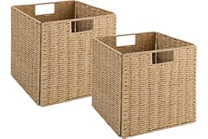 Vagusicc Wicker Storage Basket, Set of 2 Hand-Woven Storage Baskets for Shelves with Handles Foldable Cube Storage Baskets Bins, 9 inch Wicker Baskets for Pantry Bedroom Organizer &Decor, Natural