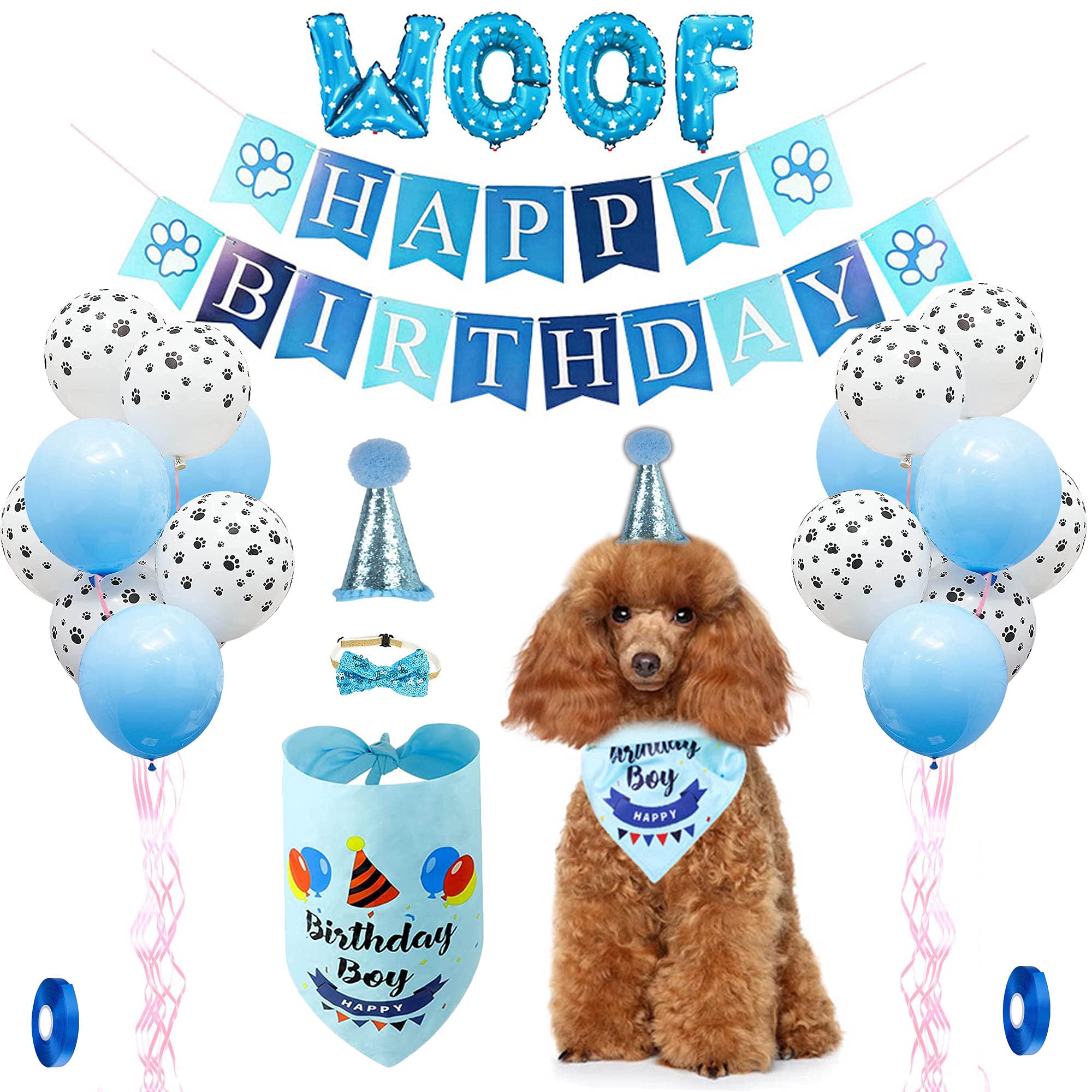 Dog Birthday Party Supplies,Dog Birthday Bandana Hat Set,Bandana, Happy Birthday Banner,Triangle Scarf,12 Inch Paw Print Balloon,Cute Bowtie for Pet Boy/Girl, Party Accessories (blue)