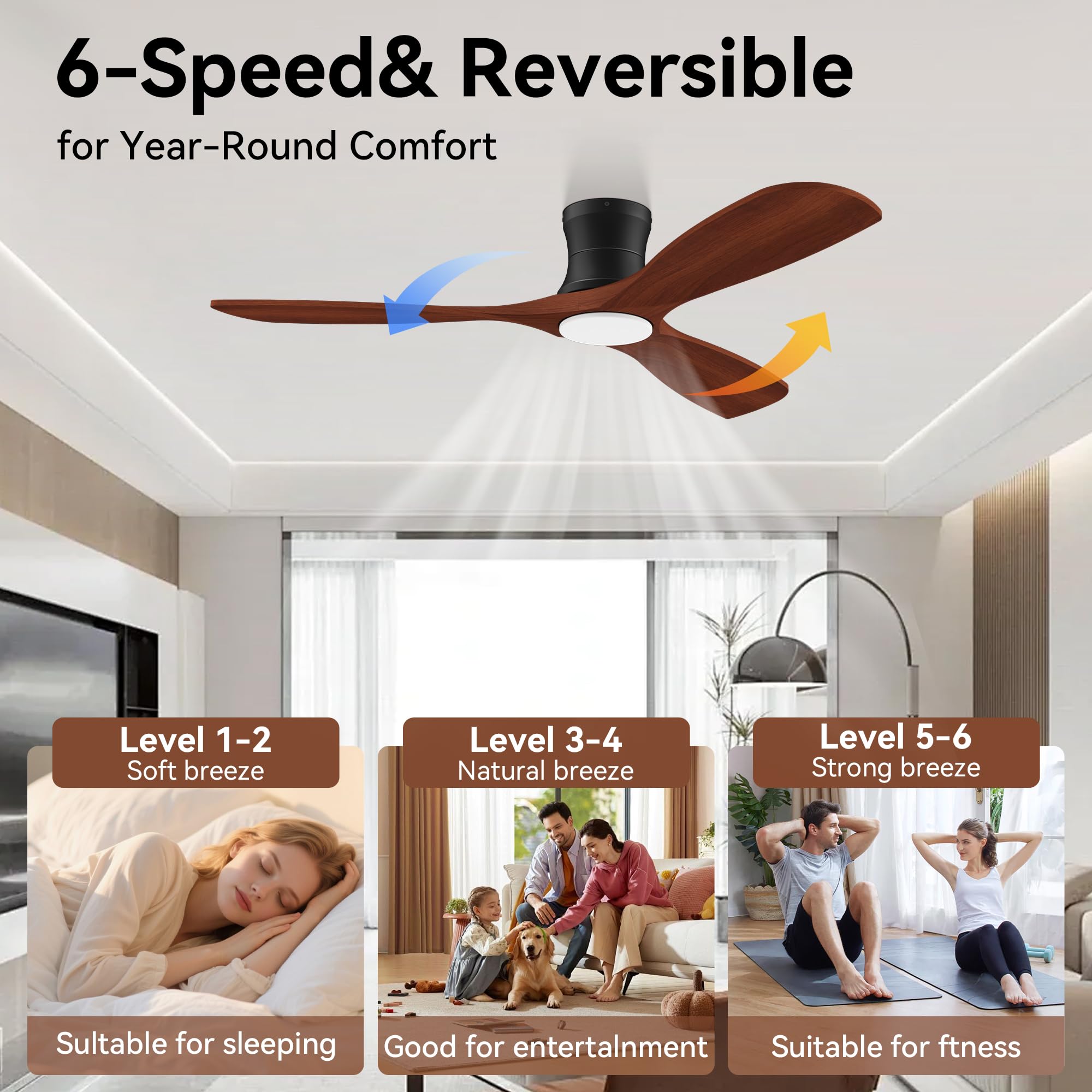 52” Smart Low Profile Ceiling Fans with Lights Remote,3 Wood blade,Quiet DC Motor,Outdoor Indoor Flush Mount Ceiling Fan,Voice Control via WIFI Alexa App,Modern Lighting& Ceiling fan for Bedroom Patio