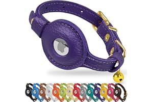 OOPSDOGGY Leather AirTag Cat Collar with Bell - Non Breakaway Kitten Collar with Apple Air Tag Holder - Lightweight GPS Pet Collars for Girl Boy Cats, Small Dogs, Puppies (Purple)